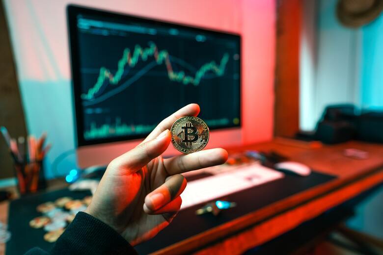 Man carry a bitcoin in his hand
